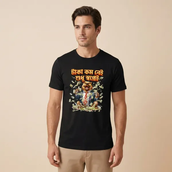 Bengali_Slogan_Graphic_Print_T-Shirt_-_Black_Unisex_Cotton_Tee_with_Money_Theme_Cartoon_Design