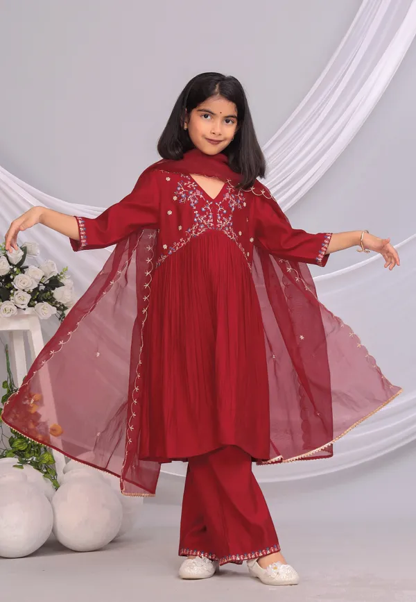 Maroon_Silk_Kurta_Set_For_Girls