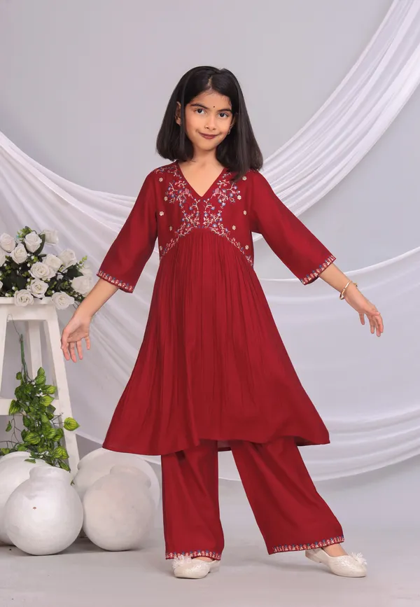 Maroon_Silk_Kurta_Set_For_Girls