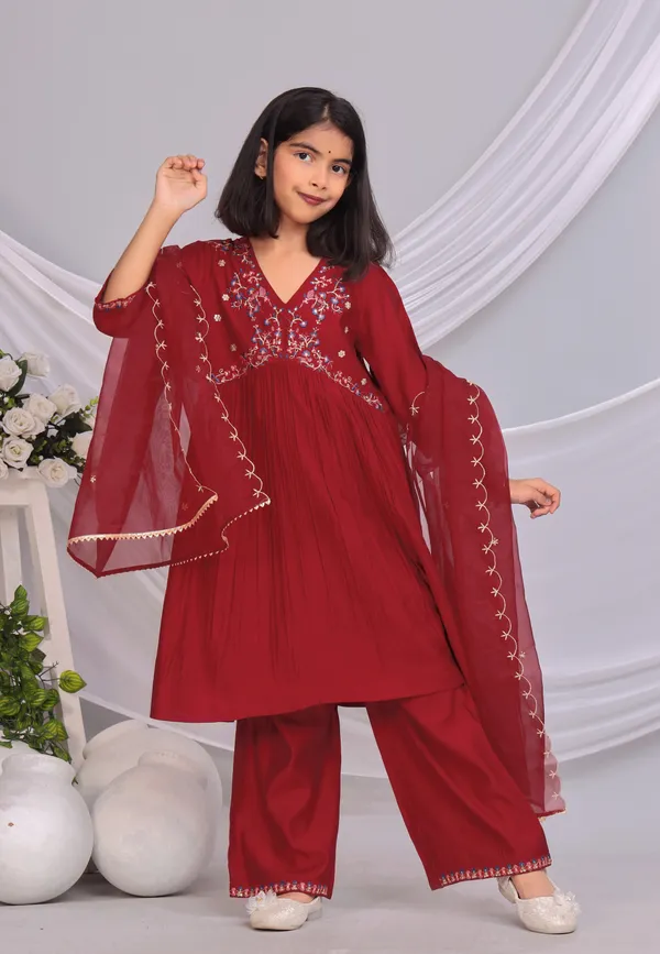 Maroon_Silk_Kurta_Set_For_Girls