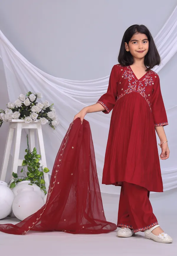 Maroon_Silk_Kurta_Set_For_Girls