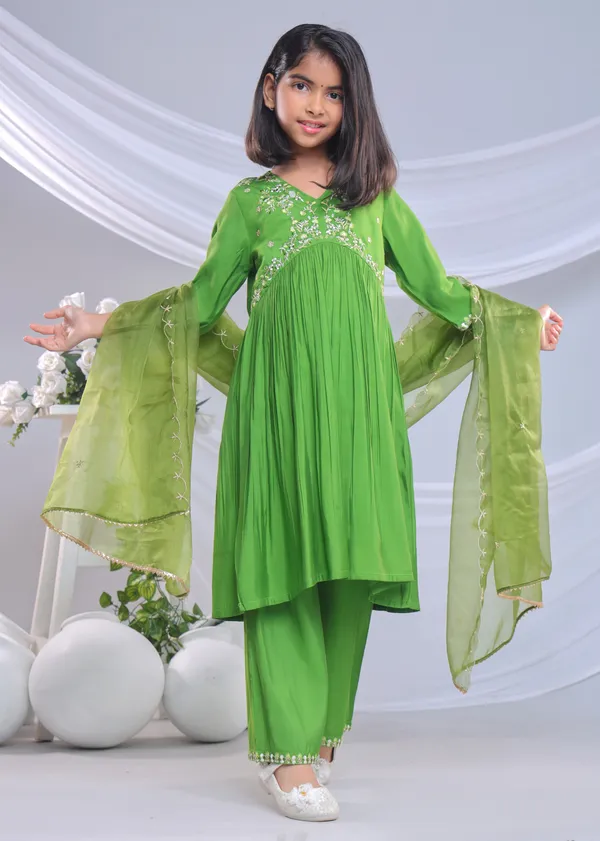 Parrot_Green_Silk_Kurta_Set_For_Girls