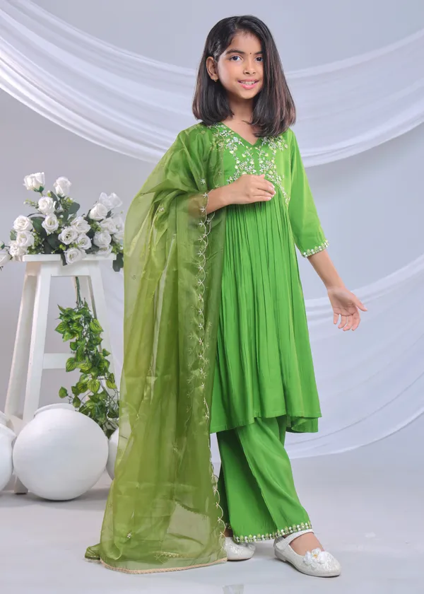 Parrot_Green_Silk_Kurta_Set_For_Girls