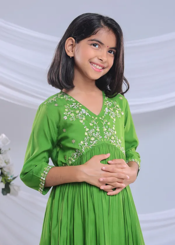 Parrot_Green_Silk_Kurta_Set_For_Girls