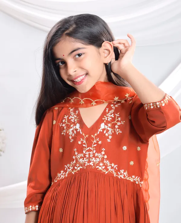 Rust_Silk_Kurta_Set_For_Girls