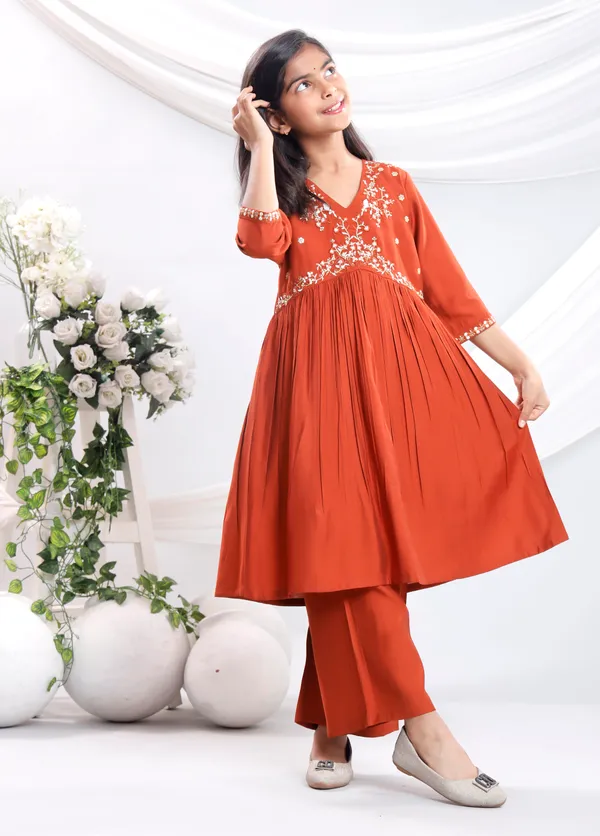 Rust_Silk_Kurta_Set_For_Girls
