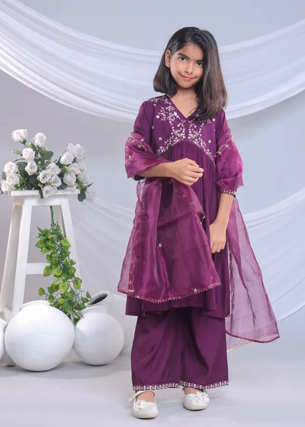 Wine_Silk_Kurta_Set_For_Girls