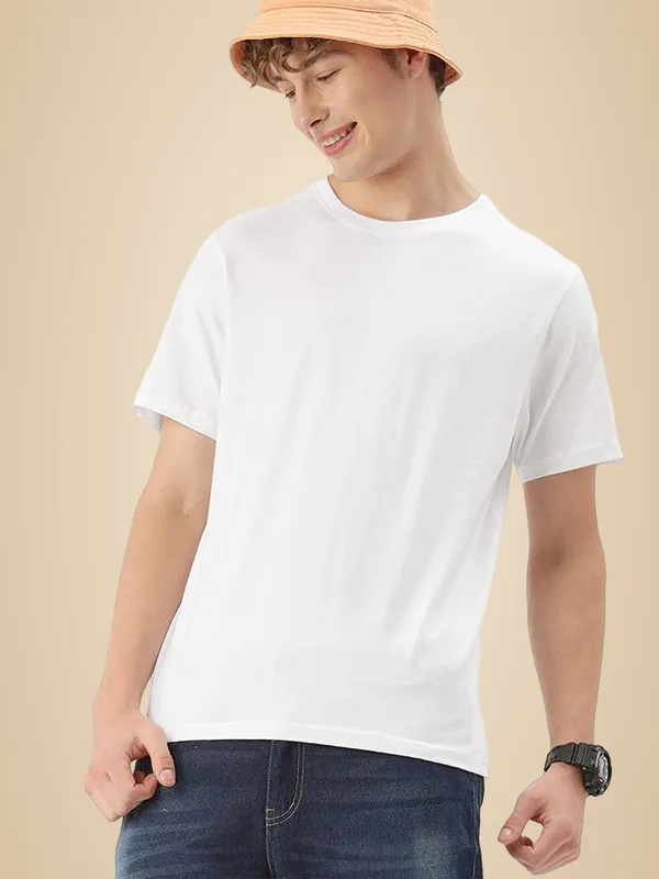 White_Solid_Round_Neck_T_Shirt_White_For_Men