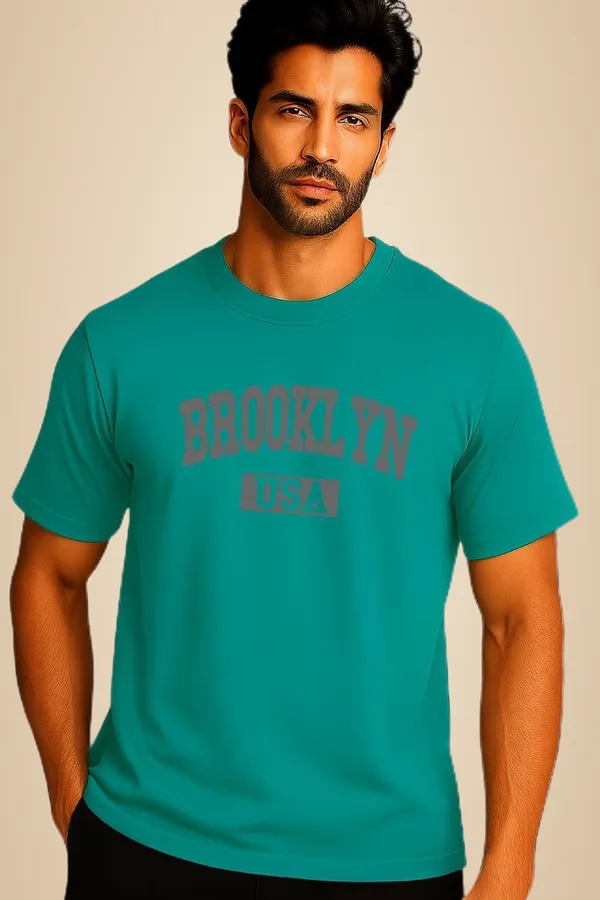 Turquoise_Blue_Cotton_Blend_Printed_T_Shirt_For_Men