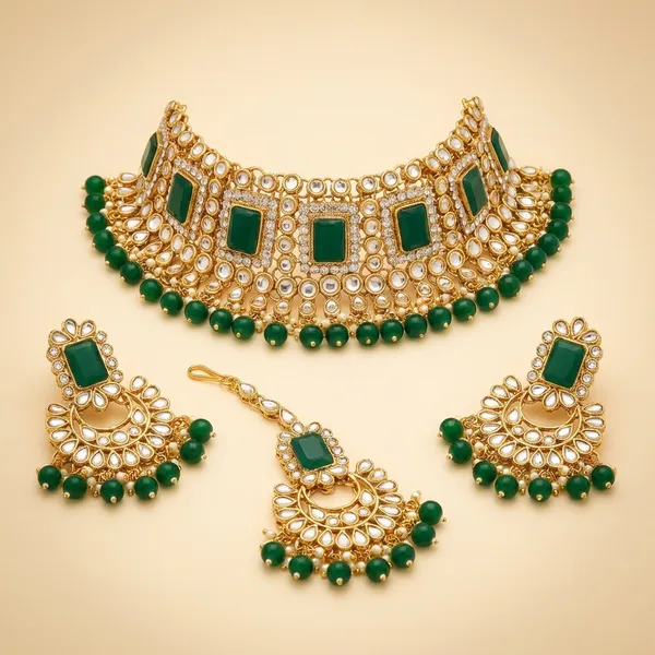Dark_Green_Zinc_Alloy_Premium_Kundan_Mang_Tika_Necklace_Earring_For_Brides