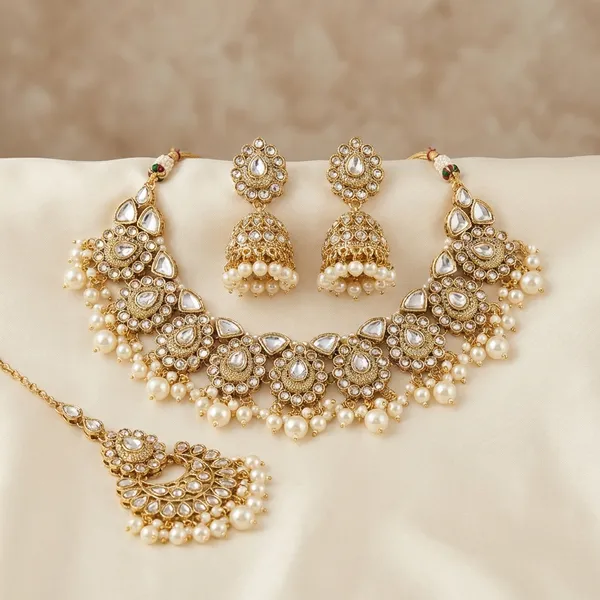 Green_Zinc_Alloy_Elegant_Kundan_Necklace_Set_With_Mang_Tika_For_Wedding_Festivals
