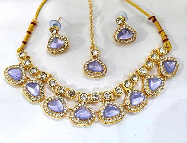 Purple_And_yellow_Zinc_Alloy_Grand_Wedding_Kundan_Necklace_And_Earring_Set_With_Mang_Tika_Pack_Of_2