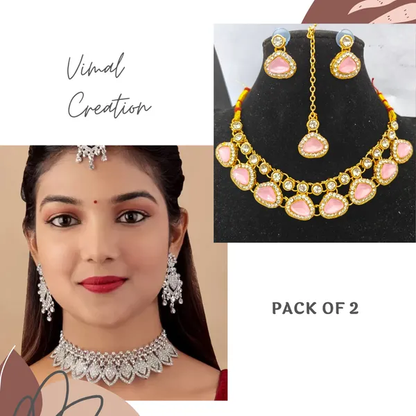 Silver_And_Pink_Zinc_Alloy_Rhodium_Plated_Necklace_Set_With_Earrings_And_Mang_Tika