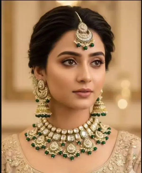 Green_Zinc_Alloy_Grand_Wedding_Kundan_Necklace_And_Earring_Set_With_Mang_Tika