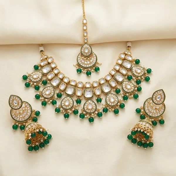 Green_Zinc_Alloy_Grand_Wedding_Kundan_Necklace_And_Earring_Set_With_Mang_Tika