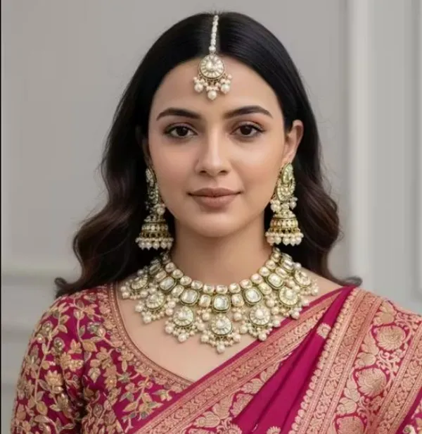 White_Zinc_Alloy_Grand_Wedding_Kundan_Necklace_And_Earring_Set_With_Mang_Tika