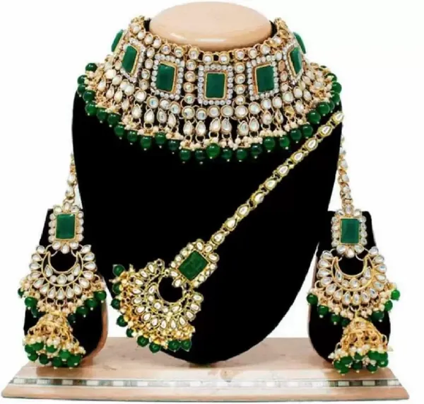Dark_Green_Zinc_Alloy_Premium_Kundan_Mang_Tika_Necklace_Earring_For_Brides