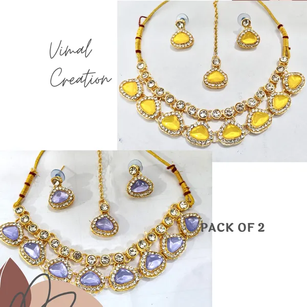 Purple_And_yellow_Zinc_Alloy_Grand_Wedding_Kundan_Necklace_And_Earring_Set_With_Mang_Tika_Pack_Of_2