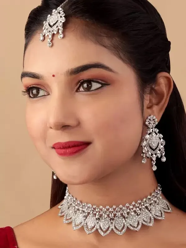 Silver_And_Pink_Zinc_Alloy_Rhodium_Plated_Necklace_Set_With_Earrings_And_Mang_Tika