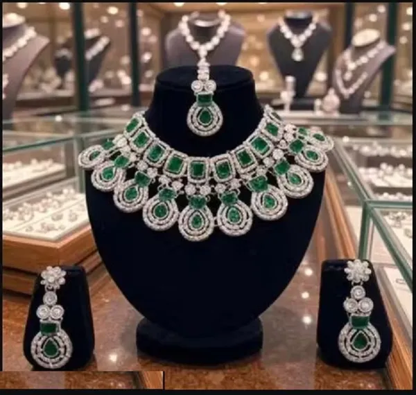 Rose_Gold_Plated_Green_Stone_Necklace_Set_Earrings_and_Mang_tika