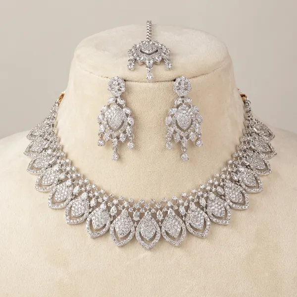 Silver_Zinc_Alloy_Rhodium_Plated_Necklace_Set_With_Earrings_And_Mang_Tika
