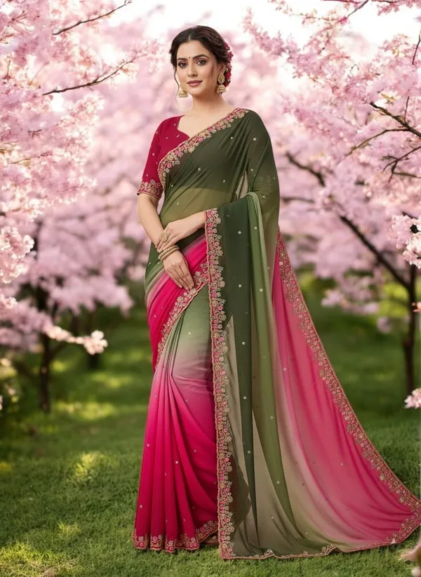Pink_And_Green_Georgette_Saree_For_Women