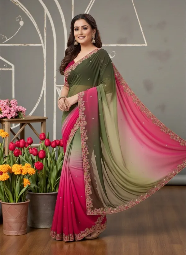 Pink_And_Green_Georgette_Saree_For_Women