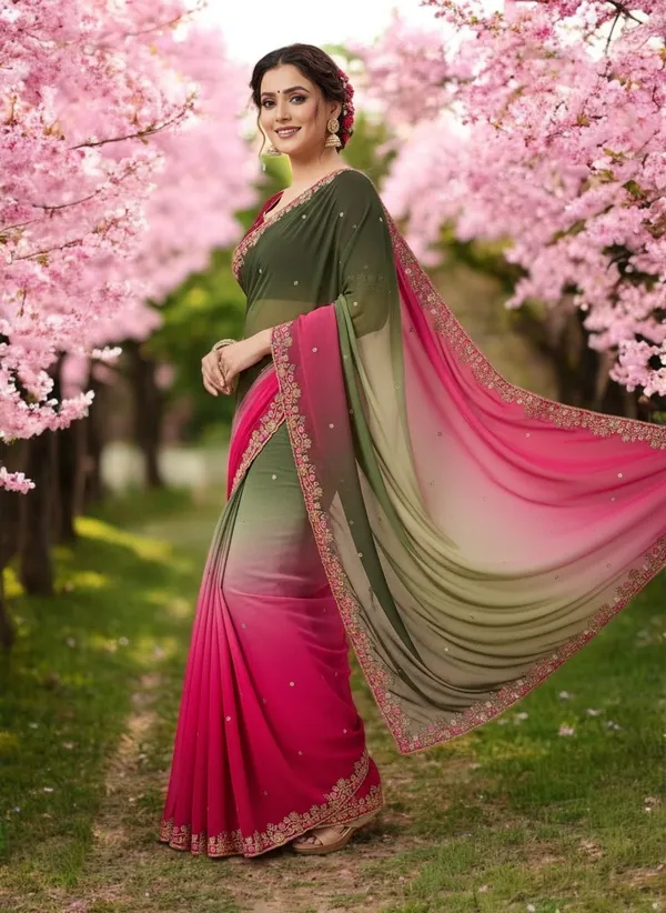 Pink_And_Green_Georgette_Saree_For_Women