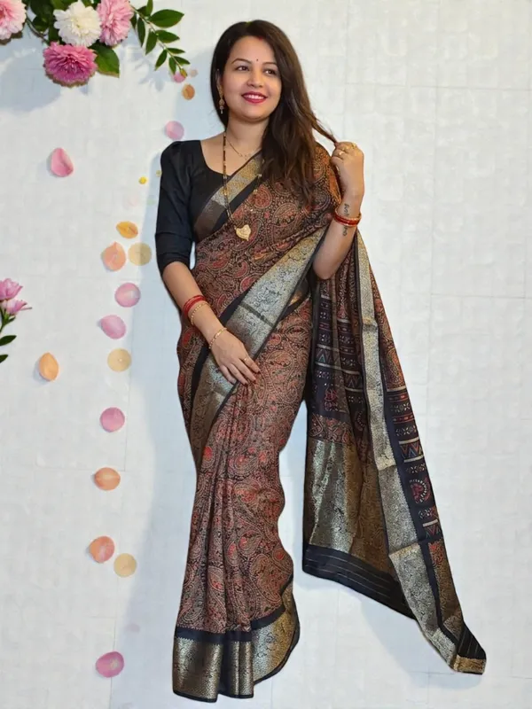 Premium_Soft_Georgette_Ajrakh_Print_Saree_with_Zari_Border_|_Lightweight_Daily_&_Office_Wear_Saree_with_Designer_Blouse_Piece