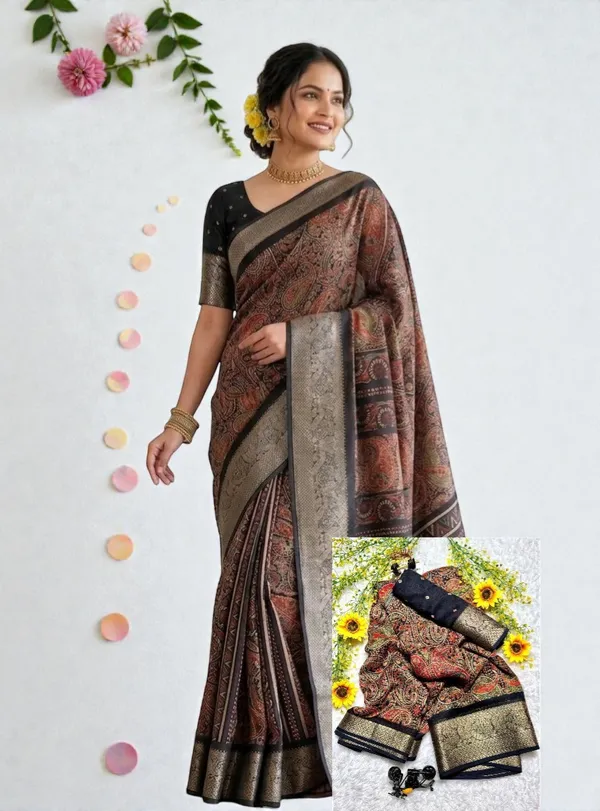 Premium_Soft_Georgette_Ajrakh_Print_Saree_with_Zari_Border_|_Lightweight_Daily_&_Office_Wear_Saree_with_Designer_Blouse_Piece