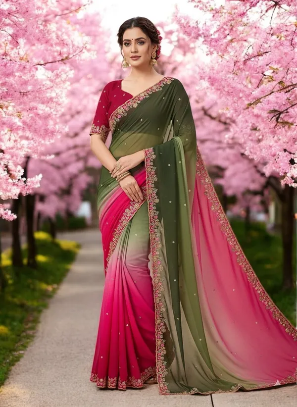 Pink_And_Green_Georgette_Saree_For_Women