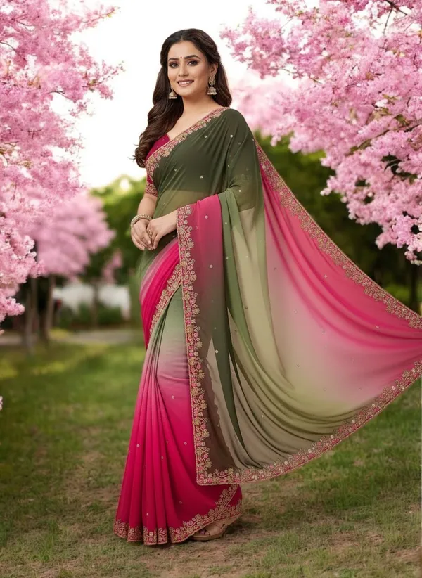 Pink_And_Green_Georgette_Saree_For_Women