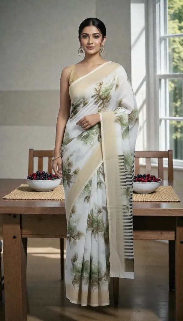 White_And_Green_Organza_Saree_For_Women