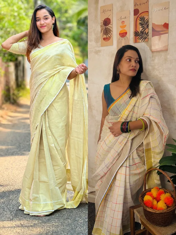 Aiswarya_Lekshmi_Inspired_Checks_Mul_Cotton_And_Border_Lines_Golden_Tissue_Saree_Ready_Wear_For_Women_Pack_Of_2