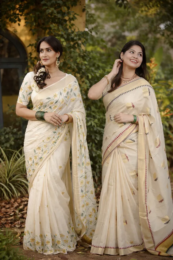Off-White_Weave_Golden_Tissue_Saree_With_Temple_Borders_And_Yellow_Flower_Embroidery_Saree_For_Women_Pack_Of_2