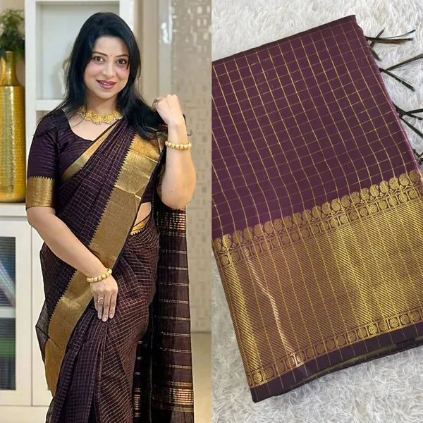 Akira_-Chocolate_Brown_Golden_Checks_Saree_For_Women