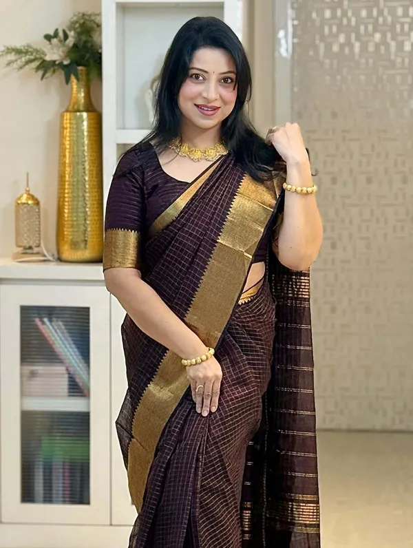 Akira_-Chocolate_Brown_Golden_Checks_Saree_For_Women