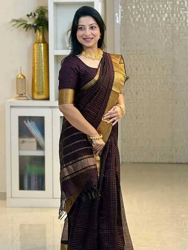 Akira_-Chocolate_Brown_Golden_Checks_Saree_For_Women