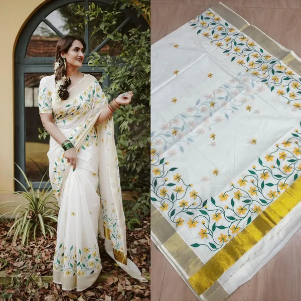 Off-White_Flower_Embroidery_Saree_For_Women
