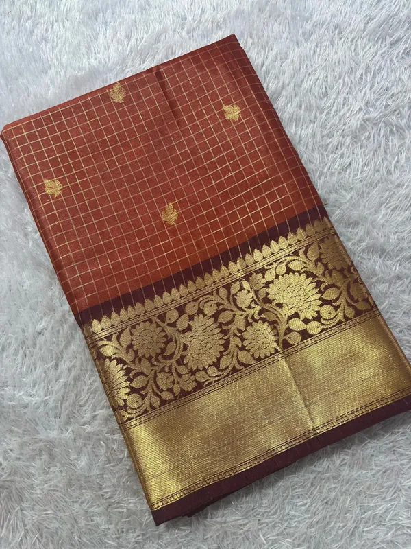 Rust_Orange_Micro_Jari_Checks_Saree_For_Women