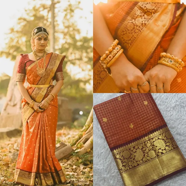Rust_Orange_Micro_Jari_Checks_Saree_For_Women