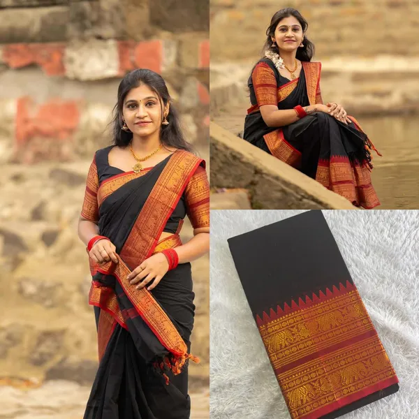 Malathi_Retta_Petta_Border_Black_And_Maroon_Cotton_Saree_For_Women