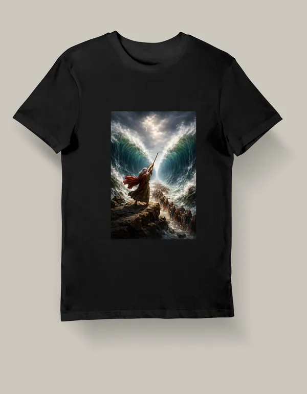Gospel_Threads_Black_Cotton_Moses_Splitting_Red_Sea_Scripture_T-Shirt_For_Men_&_Women_|_Exodus_14:21_Christian_Bible_Story_Tee_India_|_Printed_Front_&_Back_God_Makes_A_Way_Apparel_for_Church_&_Youth_Events