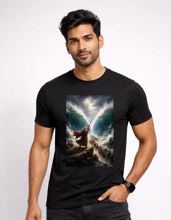 Gospel_Threads_Black_Cotton_Moses_Splitting_Red_Sea_Scripture_T-Shirt_For_Men_&_Women_|_Exodus_14:21_Christian_Bible_Story_Tee_India_|_Printed_Front_&_Back_God_Makes_A_Way_Apparel_for_Church_&_Youth_Events