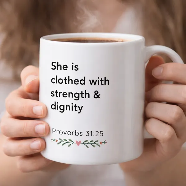 Gospel_Threads_She_Is_Clothed_With_Strength_&_Dignity_White_Ceramic_Mug_|_Proverbs_31:25_Christian_Women_Mug_India_|_Faith_Empowerment_Gift_for_Women_&_Mothers