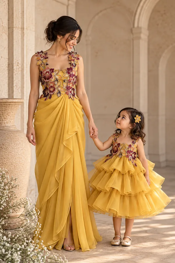 Moms_matching_cutwork_floral_yellow_skirt_set