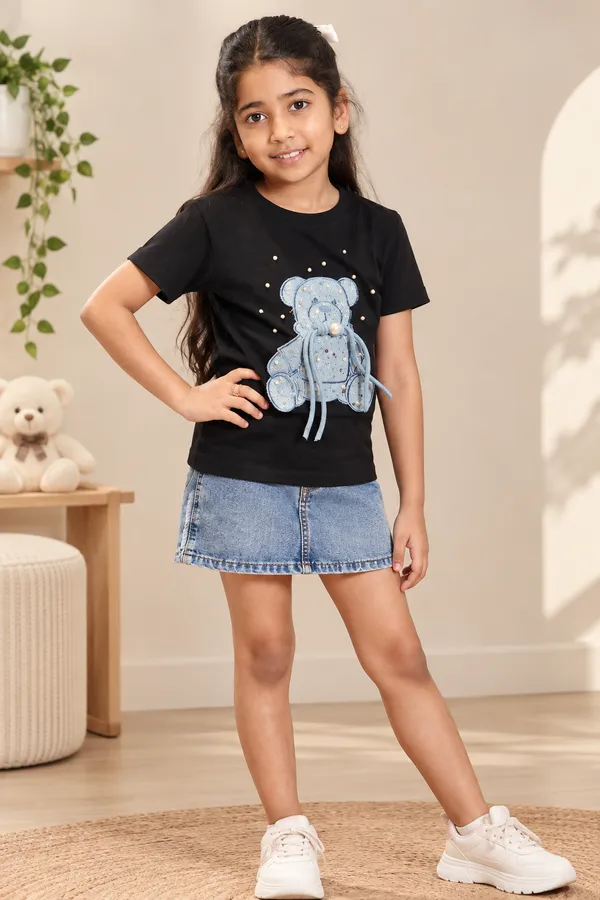 Black_teddy_denim_patch_Premium_T_Shirt_For_Kids
