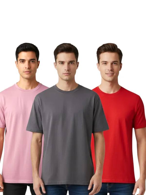 Pink,_Grey_And_Red_Casual_Solid_T_Shirt_Pack_Of_3_For_Men
