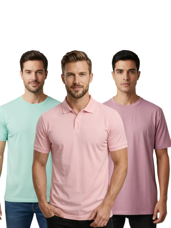 Mint_Green_And_Pink_And_Lavender_Trendy_Round_Neck_Andpolo_T_Shirt_Pack_Of_3_For_Men