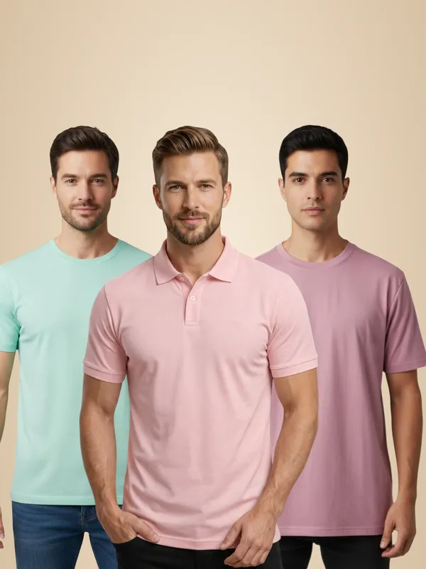 Mint_Green_And_Pink_And_Lavender_Trendy_Round_Neck_Andpolo_T_Shirt_Pack_Of_3_For_Men